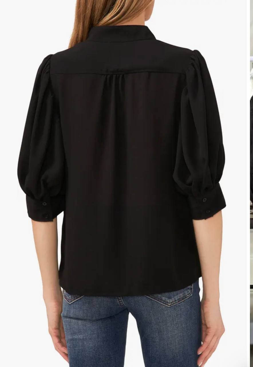 CeCe Shirt XS Rich Black Puff Sleeve Button-Up Blouse NWT MSRP $69 Feminine Chic