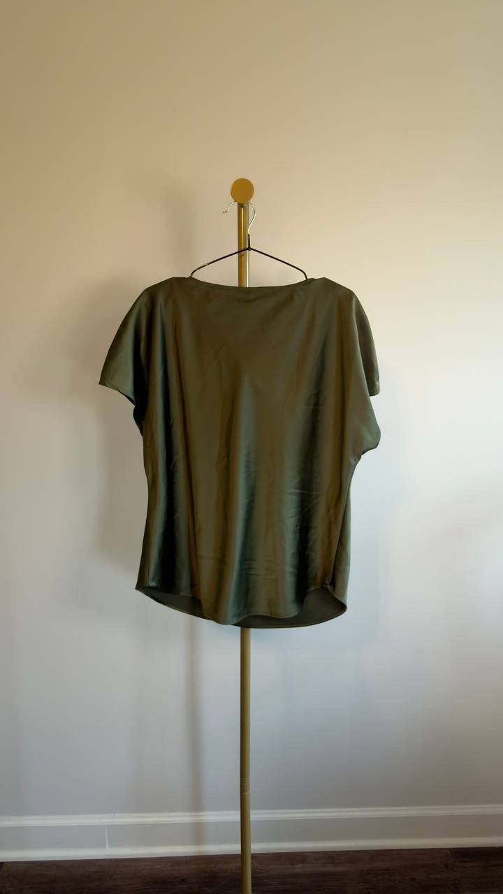 Anne Klein Solid Cowlneck Short-Sleeve Blouse Olive L NWT $69