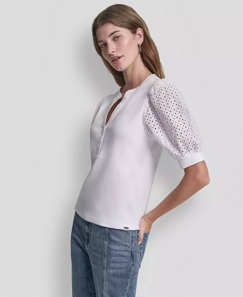 DKNY Jeans Petite Rib Body Eyelet V‑Neck Top White PXS NWT $59