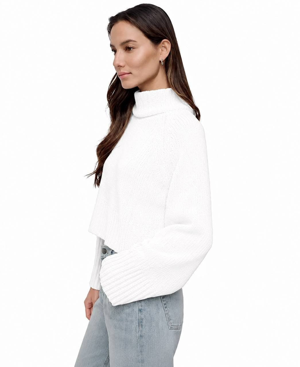 DKNY Jeans Cropped Mock Neck Chenille Sweater Ivory L NWT $79