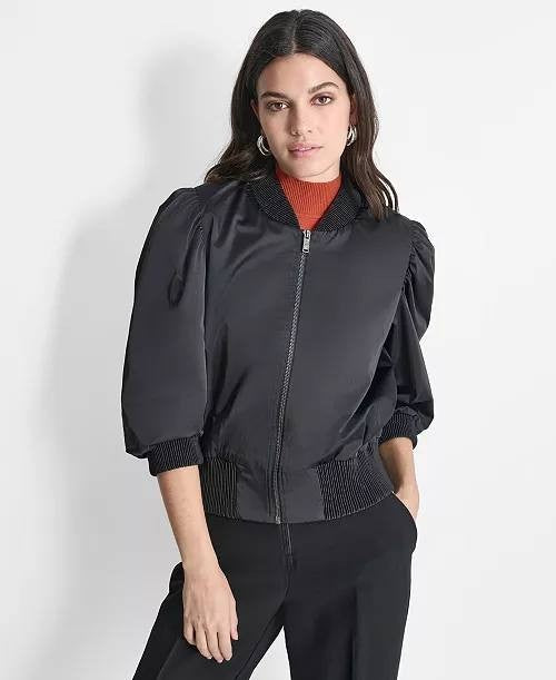 DKNY Women’s High Shine Sateen Puff Sleeve Jacket Black-Size L-NWT-$139