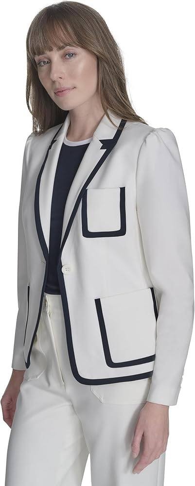 ommy Hilfiger Women’s Contrast‑Trim Puff‑Sleeve Jacket White 2 $159 NWOT