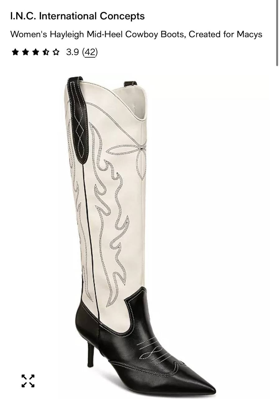 I.N.C. Hayleigh Western Cowboy Boots - Black/Bone White, Mid Heel, US 8 NIB