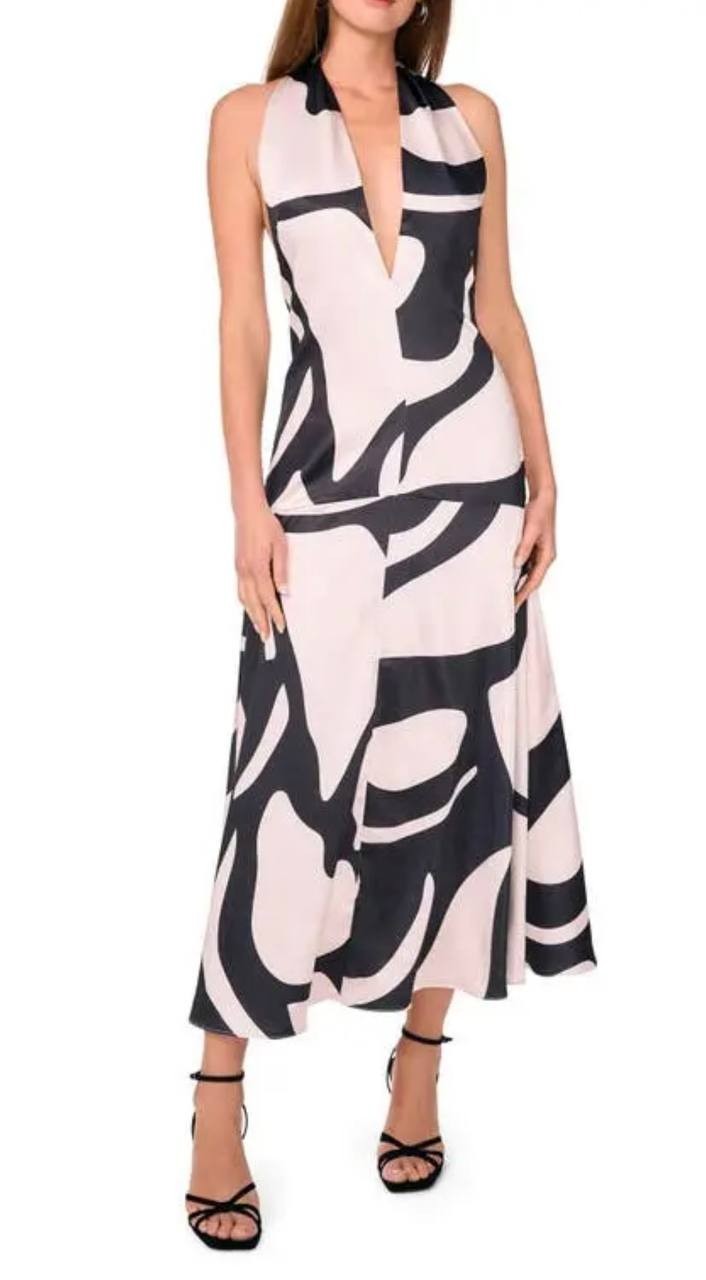 Parker Nia Abstract Print Plunge Halter Dress Open Back Multi Size14 NWT snags