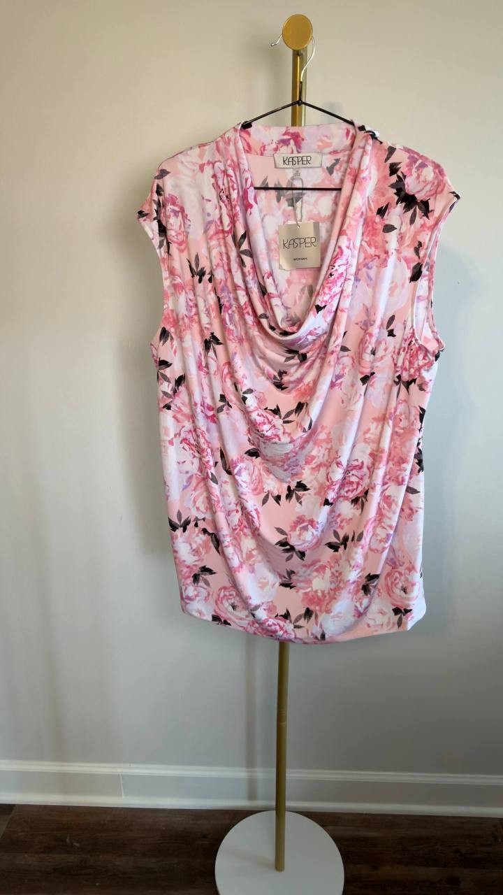 Kasper Plus Size Cap Sleeve Cowl Neck Pleated Top White Pink 2X NWT $59