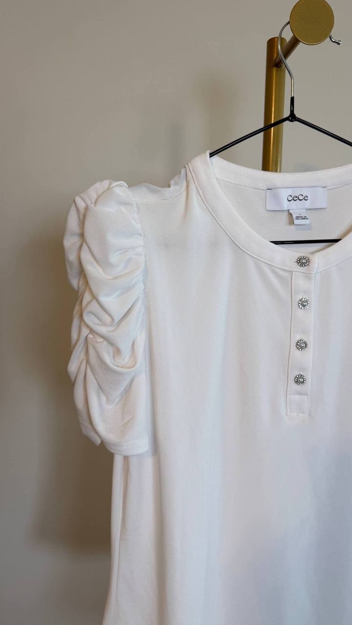CeCe Shirred Sleeve Embellished ButtonTop New Ivory Crewneck SizeS NWOT$59 snags