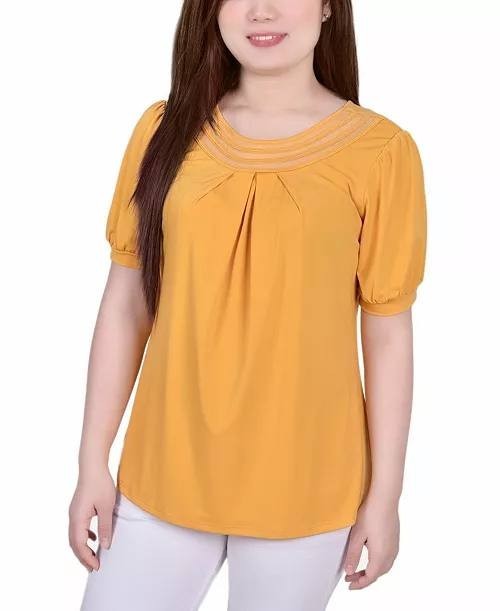 NY Collection Women’s Puff Sleeve Mesh Inset Top Golden Glow PM $42 NWT