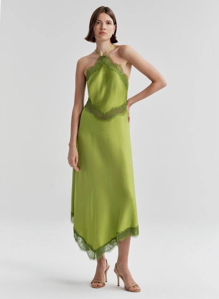 A.L.C. Lucia Satin & Lace Halter Midi Dress Peridot 8 NWT $695