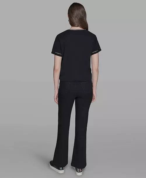 Karl Lagerfeld Paris Sparkle‑Bow V‑Neck Knit Top Black XS NWT $89