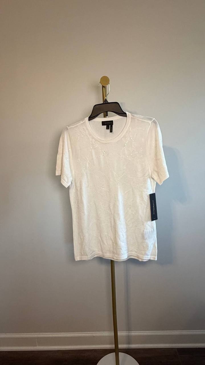 Donna Karan NY Short-Sleeve Sequin Detail Sweater Cream M NWT $99