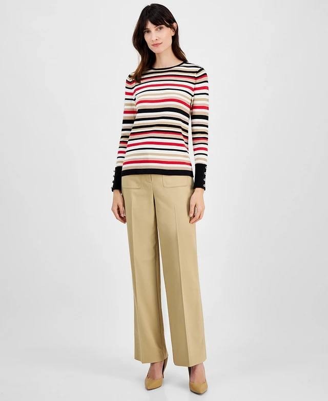 Anne Klein Striped Button‑Cuff Crewneck Sweater Multi XL NWT $99