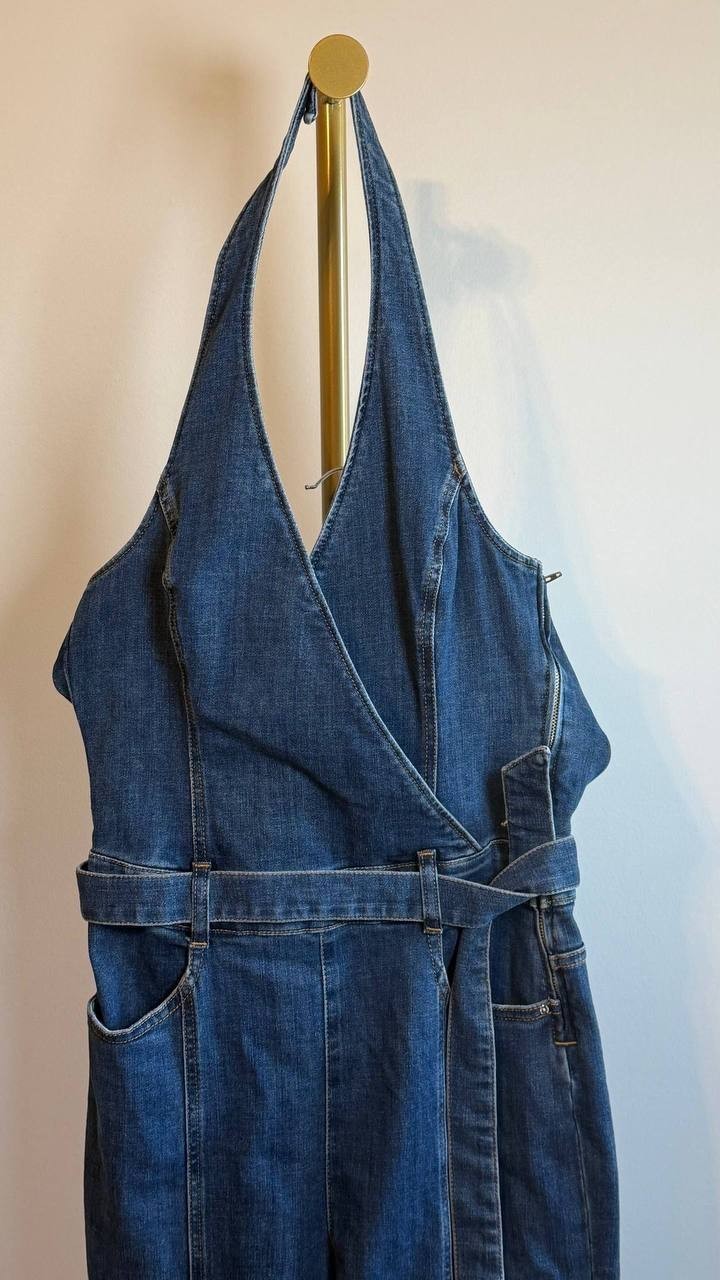 Guess Eco Claire Halter Neck Denim Jumpsuit William Size Mx32 NWT $188