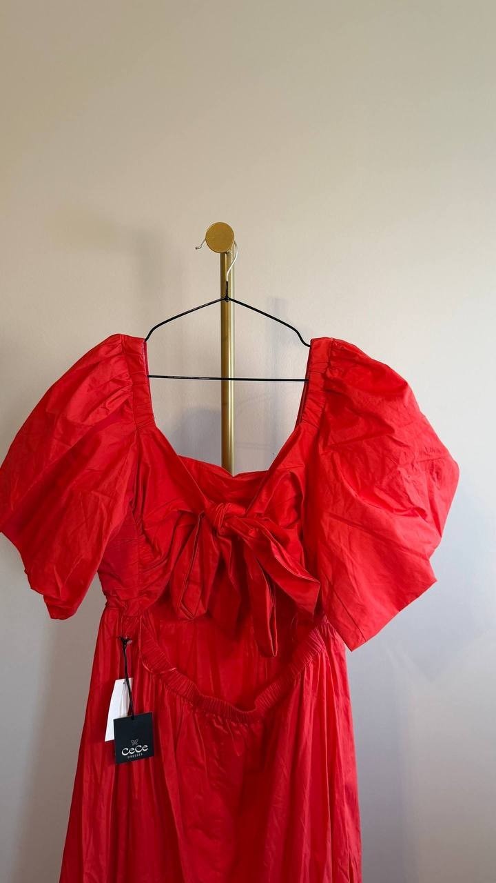 CeCe Square‑Neck Puff‑Sleeve Tie‑Back Maxi Dress Red L $109 NWT