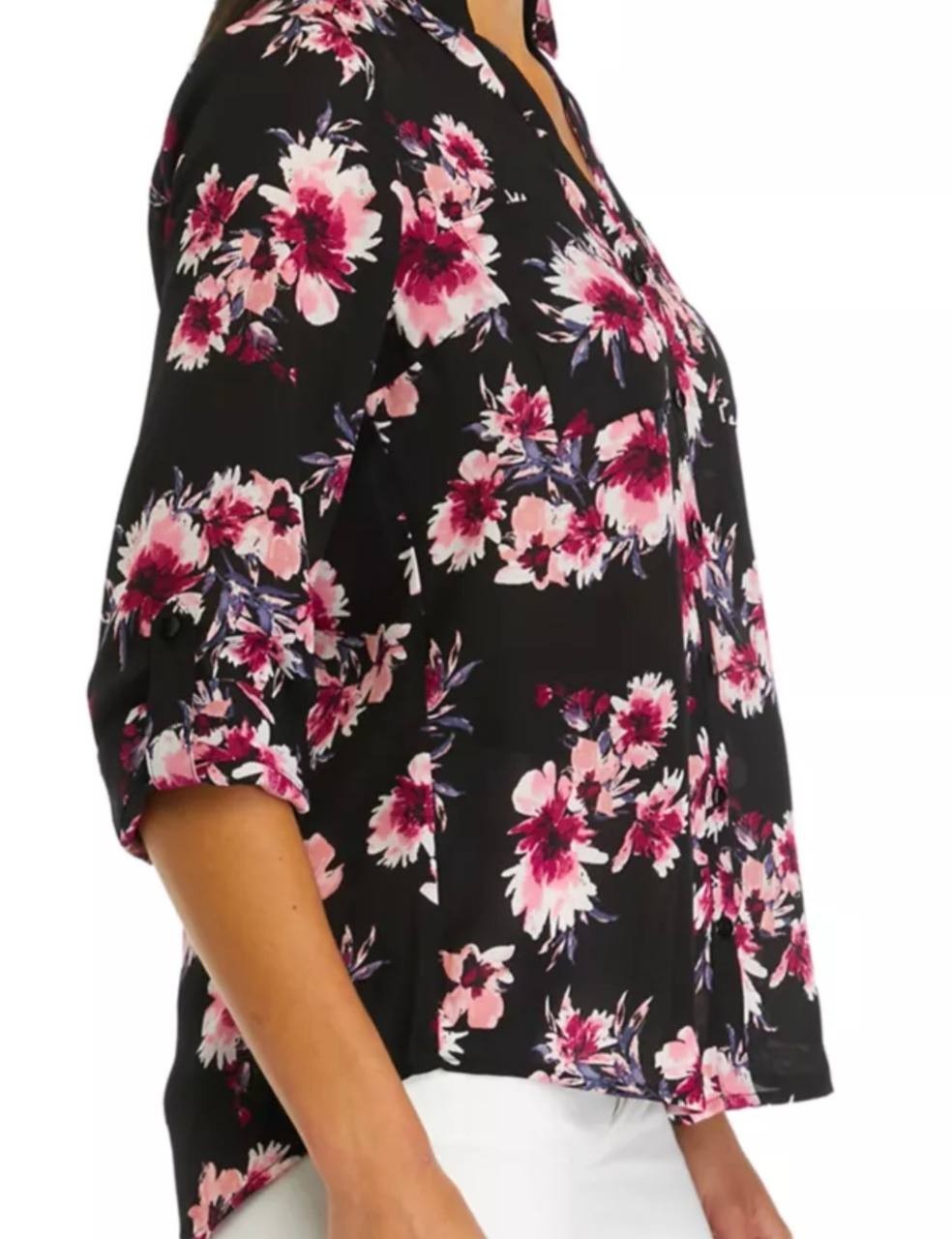 BCX Portofino Woven Top Black Floral Roll‑Tab Sleeves L NWT $79