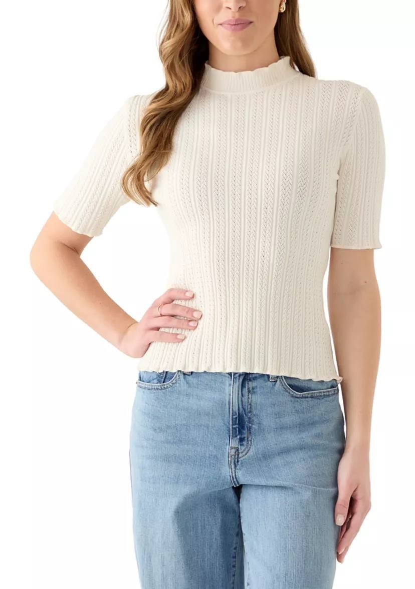 Anne Klein Cable‑Knit Short‑Sleeve Sweater Cream L NWT $79