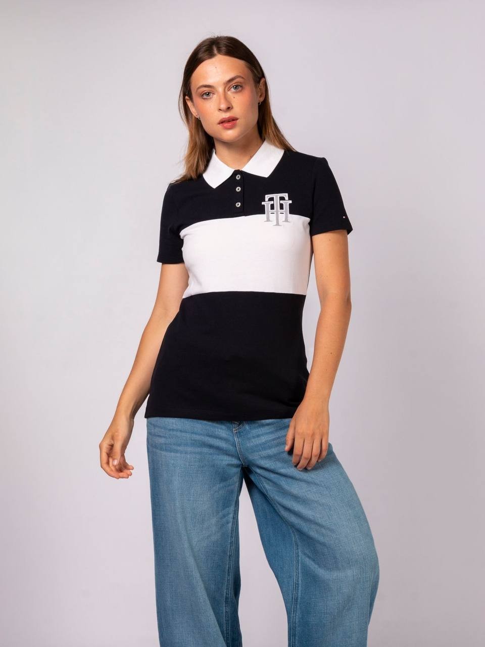 Tommy Hilfiger Monogram TH Logo Polo Stretch Top Black White SizeM NWT need wash