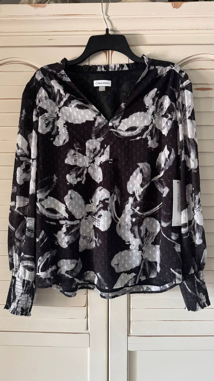 Calvin Klein Floral Blouse Multicolor V-Neck Roll-Tab Sleeve Women's L NWT