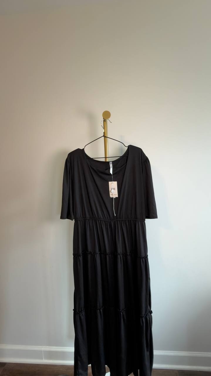 White Mark Square Neck Short-Sleeve Tiered Dress Black 1XL NWT $84