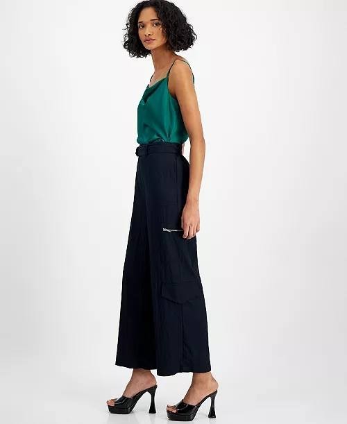 Bar III High Rise Belted Wide-Leg Cargo Pants Deep Black L NWT $59.50