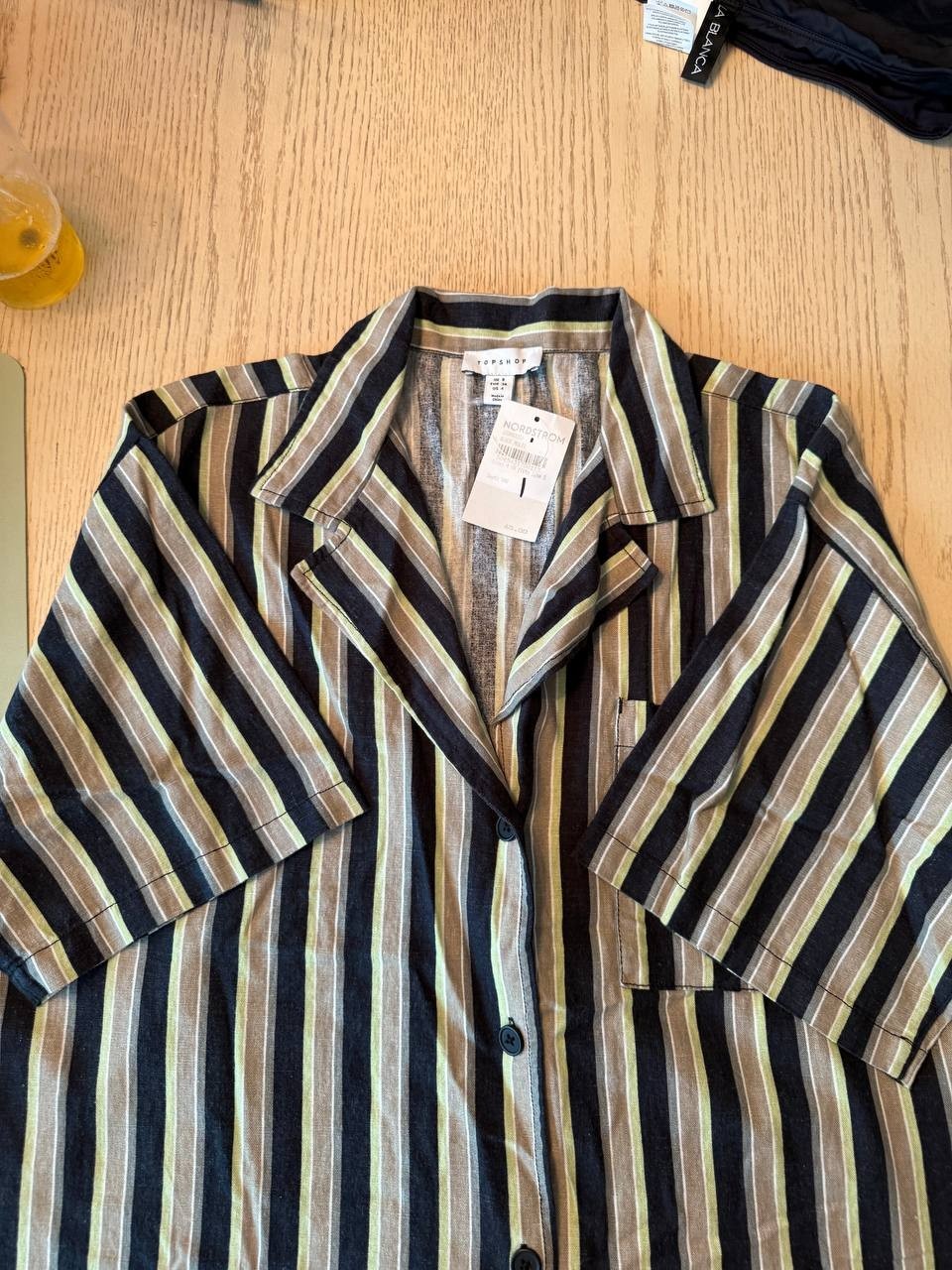 TOPSHOP Striped Linen-Blend Short Sleeve Button-Up Shirt, Women, Size US 10