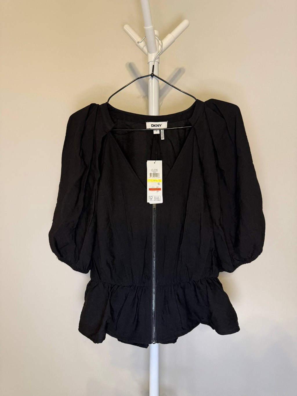 DKNY Women’s V‑Neck Zip‑Front Short‑Sleeve Top – Black – NWT – Sizes XS–XL