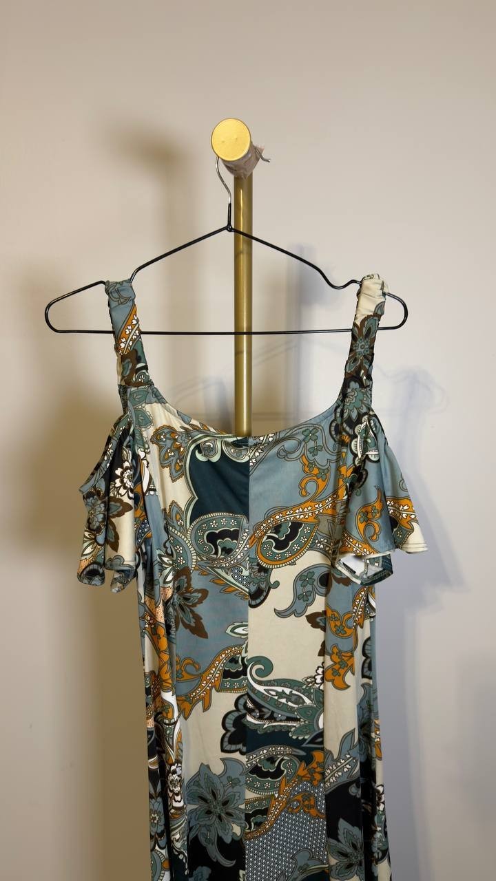 24Seven Comfort Apparel Cold Shoulder Maxi Dress Paisley Print L NWT $73