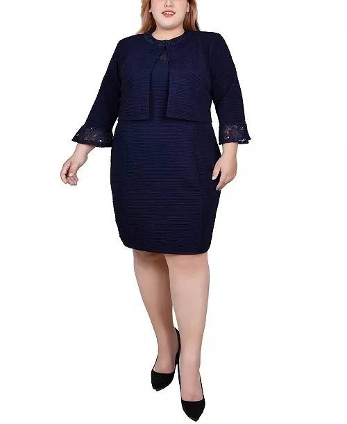 NY Collection Women’s Petite Novelty Knit Lace Trim Jacket Navy 8P NWT