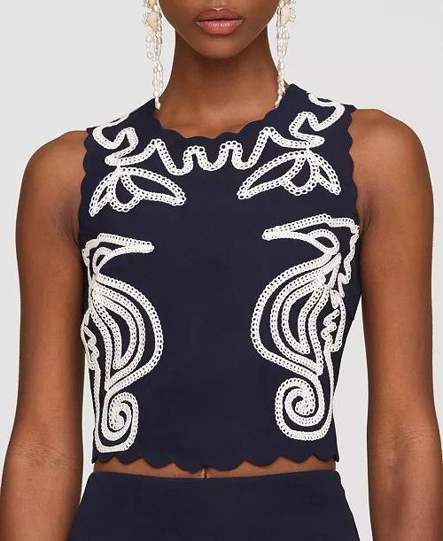 Avec Les Filles Navy Seahorse Embroidery Sleeveless Shell Top XL, Lined