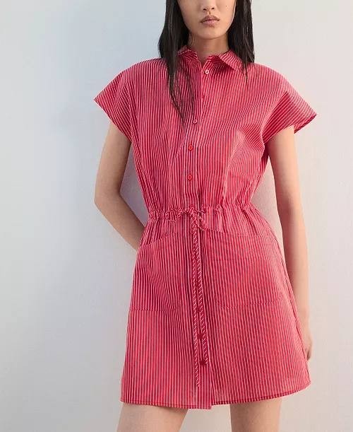 Mango Striped Shirt Dress Button Front Waist Tie Red Size 8 NWT $70