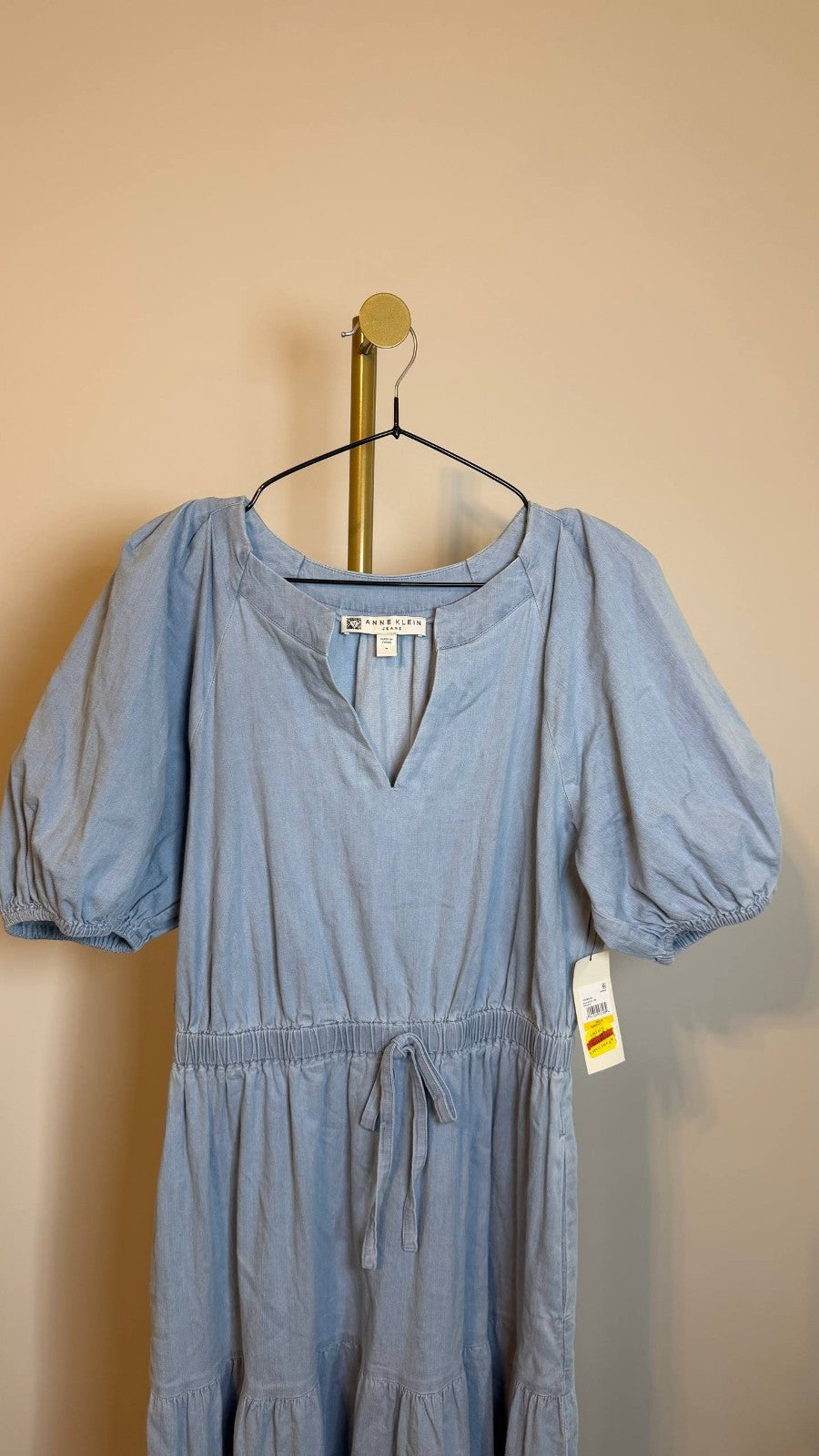 Anne Klein Women’s Split‑Neck Puff‑Sleeve Denim Midi Dress Blue $129 NWT