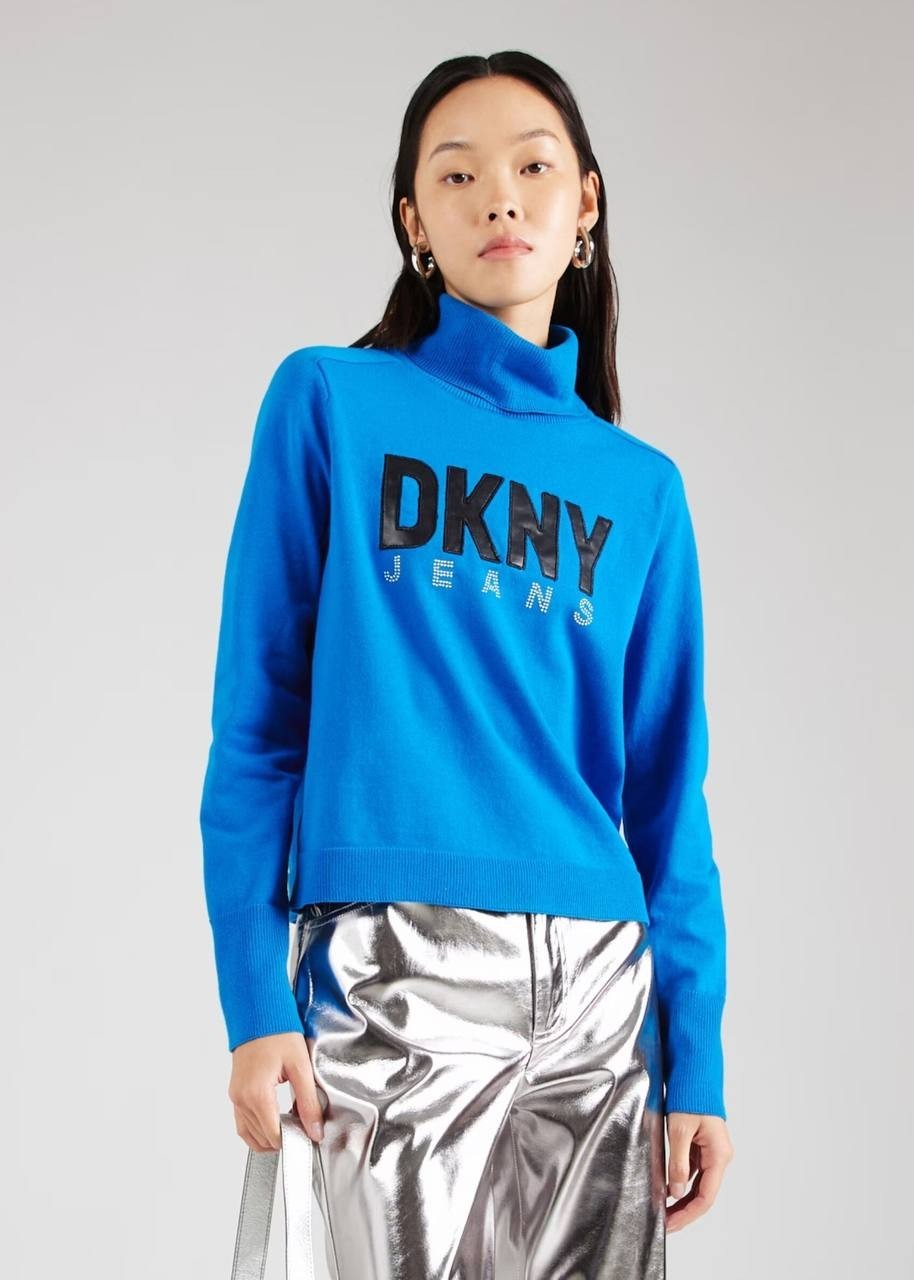DKNY Blue Sweater S Logo Knit Pullover Minimalist Cozy