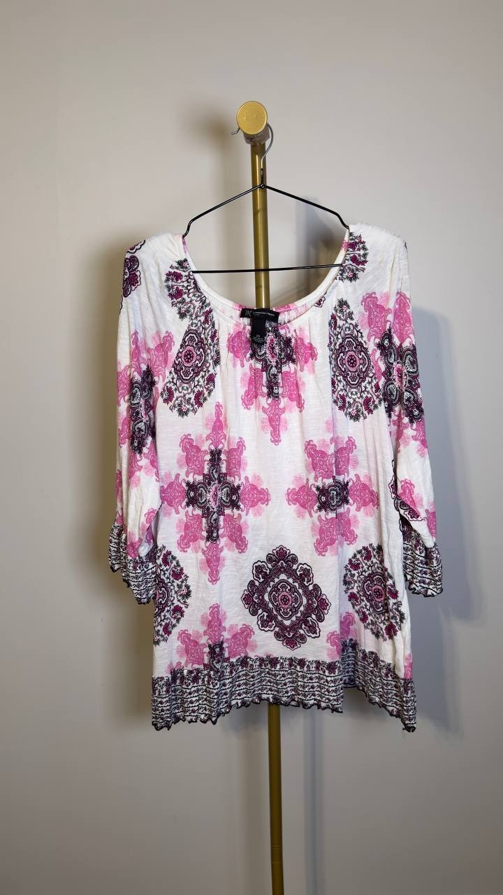 INC International Concepts Printed Flounce Peasant Top Pink Multi 2X NWOT $64.50