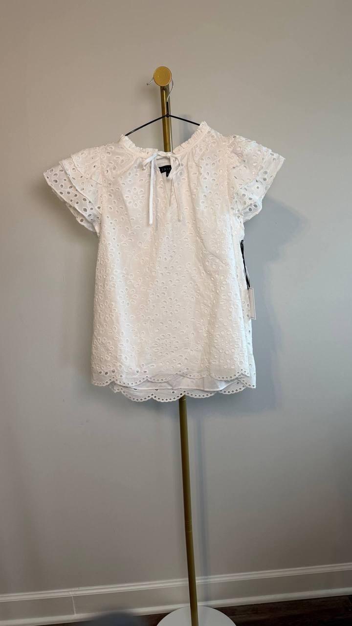 1.STATE Eyelet Flutter‑Sleeve Split‑Neck Top White XS NWT $79