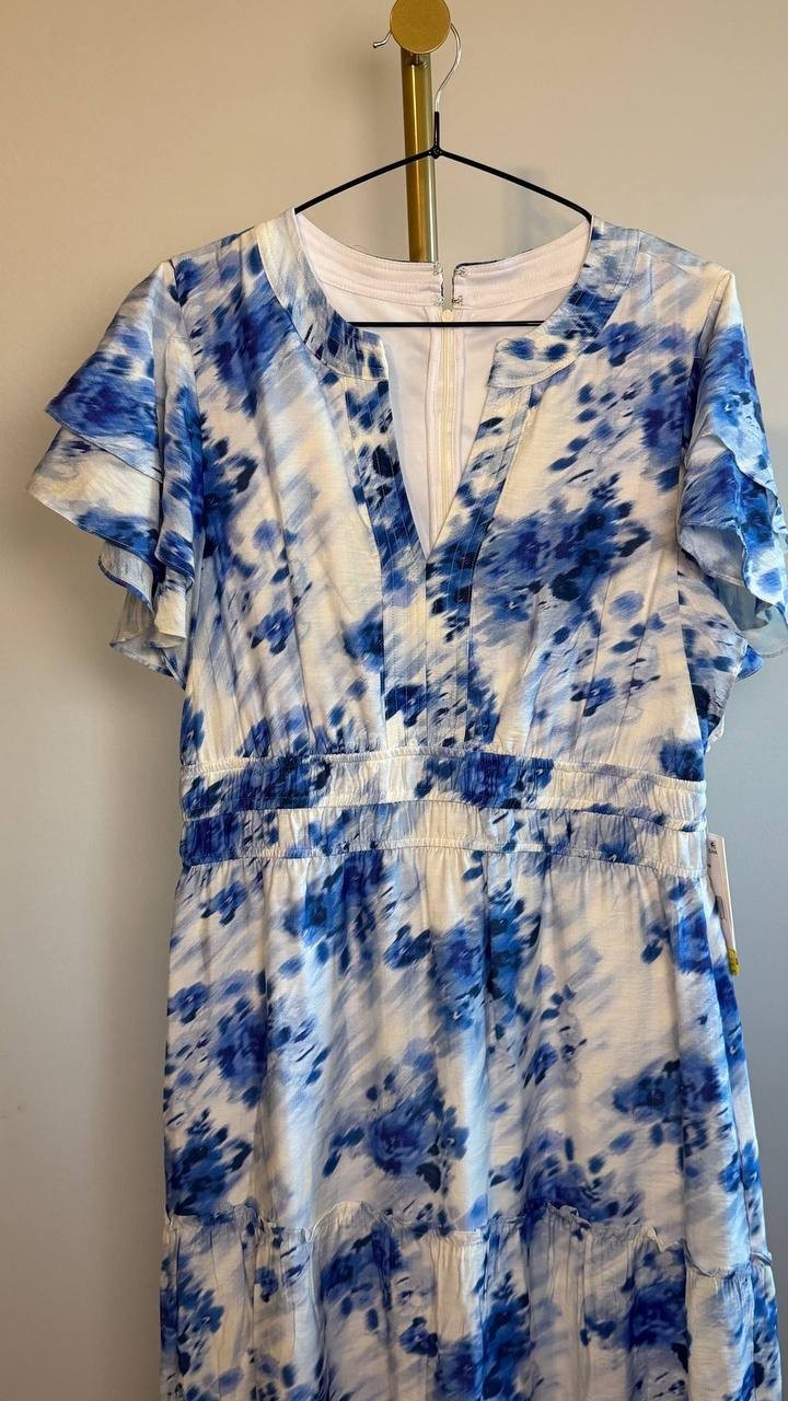 Julia Jordan Printed Ruffle-Sleeve Midi Dress Blue Ivory 8 NWT $139