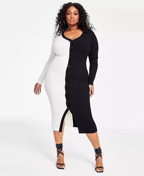 Nina Parker Plus Size Ribbed Button‑Front Dress Black White 1X NWT $99