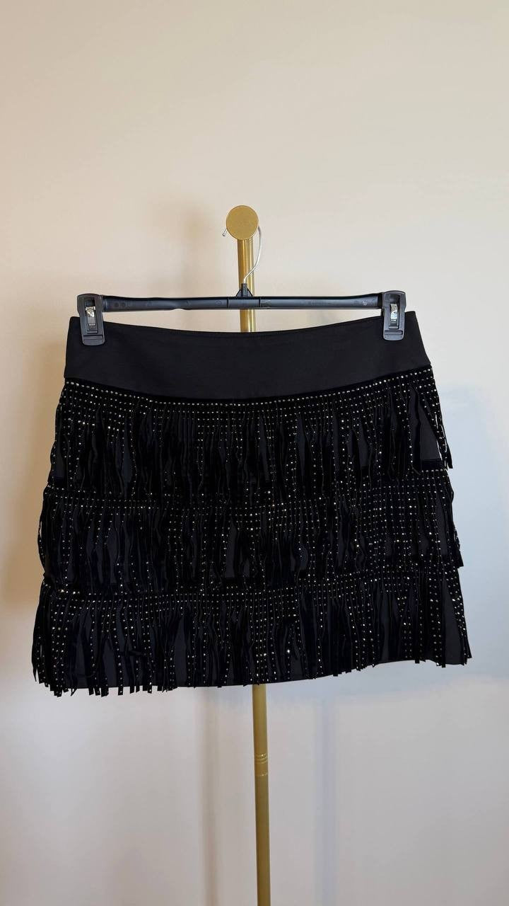 DKNY Black Stud Fringe Miniskirt Size 12 NWOT Broken Zipper Stylish Night Out