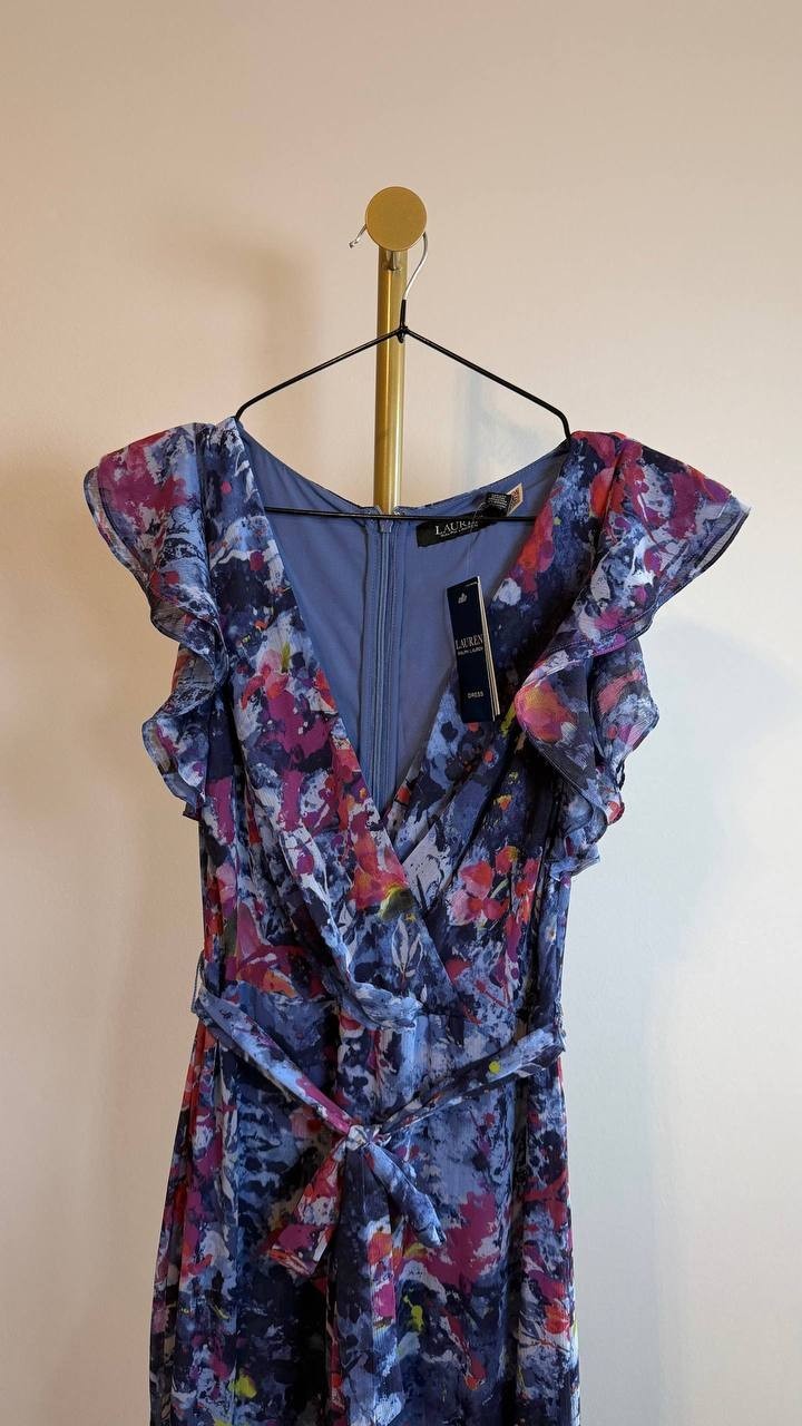 Lauren Ralph Lauren Print Ruffle Georgette Gown Blue Multi 2 NWT $325
