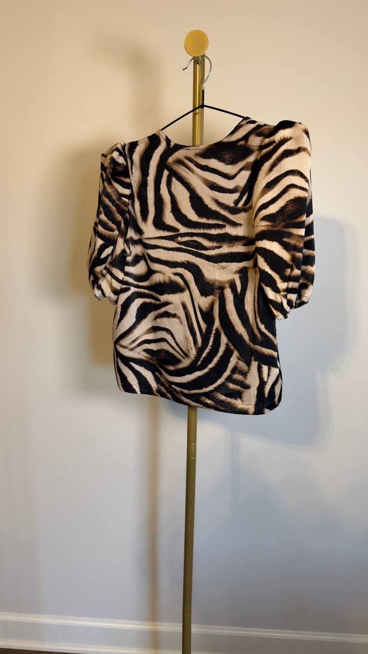 DKNY Printed Satin Puff‑Sleeve Zipper Top Blurred Zebra XS NWT $89