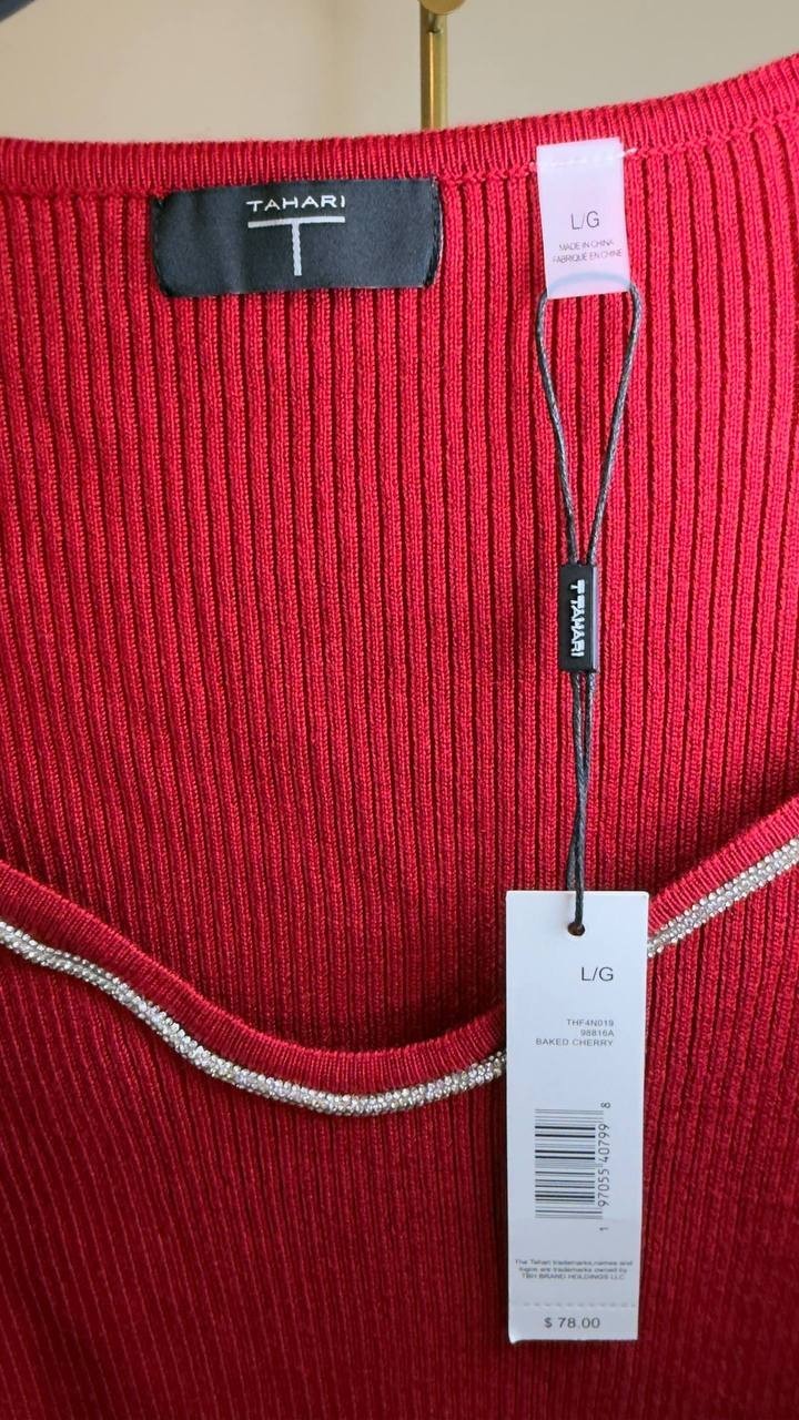 T Tahari Ribbed Sweetheart Rhinestone Sweater Baked Cherry L NWT $78