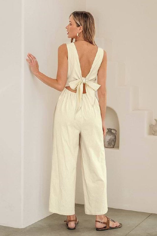 Cupshe High Society Beige Jumpsuit XL Wide Leg Bow Tie Back NWT Chic Outfit
