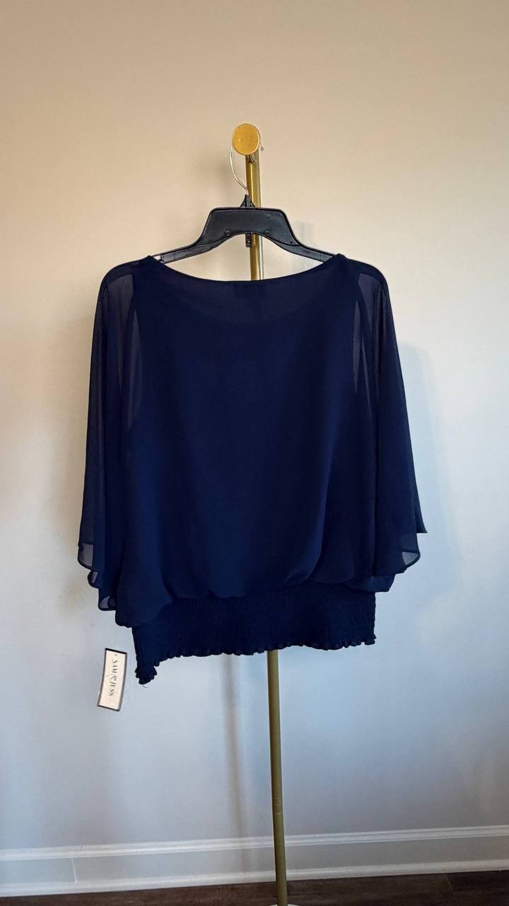 Sam & Jess Smocked‑Waist 3/4 Kimono Sleeve Top Navy L NWT $69