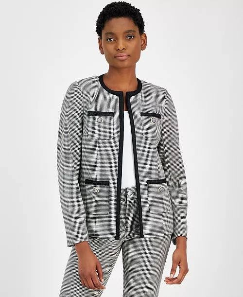Anne Klein Jacket 8 Black White Houndstooth Collarless Braid Trim Career NWT
