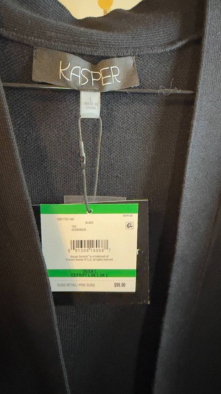 Kasper Open‑Front Long‑Sleeve Cardigan Black L NWT $99