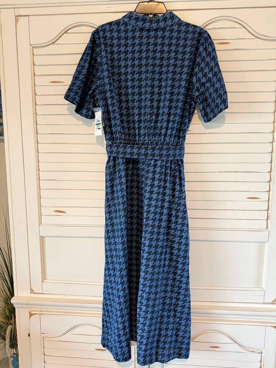 Anne Klein Cotton Midi Dress L Blue Houndstooth Camp Pocket Belted Fit NWT