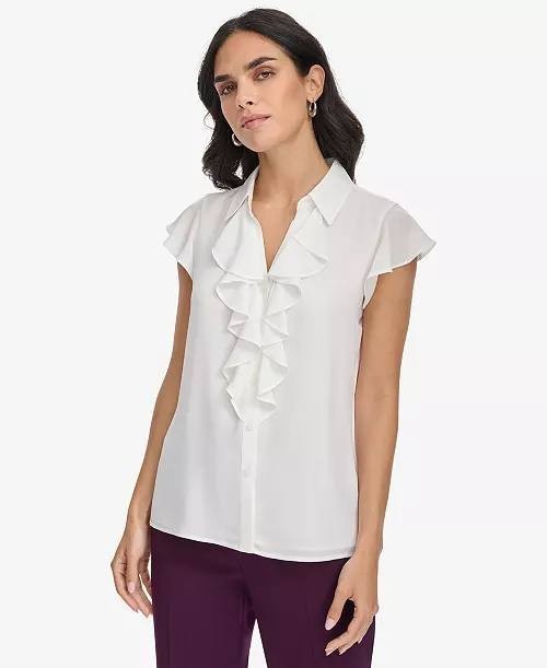 Calvin Klein Collared Ruffled Short-Sleeve Blouse Cream PL NWT $59