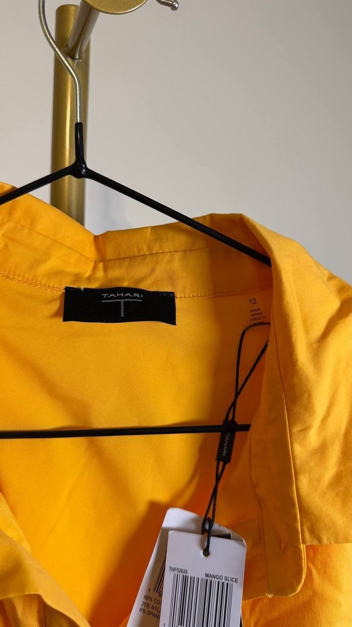 T Tahari Fit & Flare Belted Button Front Dress Mango Yellow 12 $158 NWT