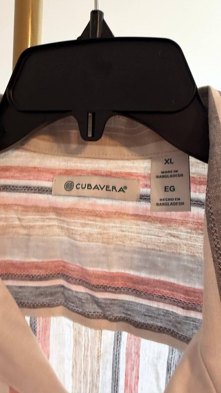 Cubavera Men’s Striped Panel Button‑Front Linen Camp Shirt Egret XL/EG $80 NWT