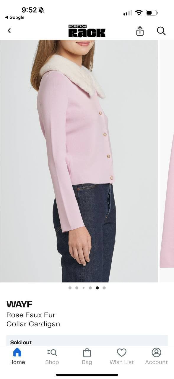 WAYF Rose Pink Faux Fur Collar Cardigan, Button Front, Size S, Long Sleeve