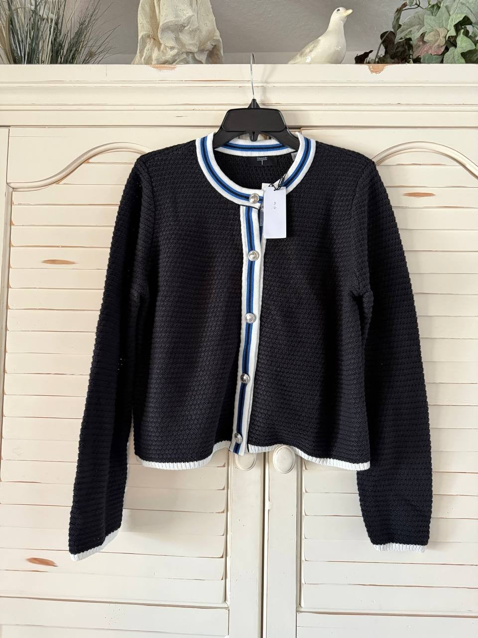 Tahari Long Sleeve Button-Up Cardigan XL Black.White NWT $98