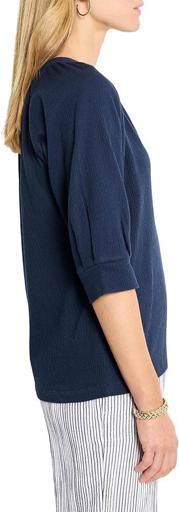 Nic+Zoe Elbow Sleeve Split Neck Crinkly Knit Top Dark Indigo L NWT $118